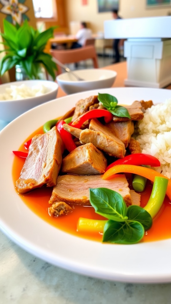 Thai red curry duck with duck slices in coconut sauce, bell peppers, and bamboo shoots, served with jasmine rice and basil.